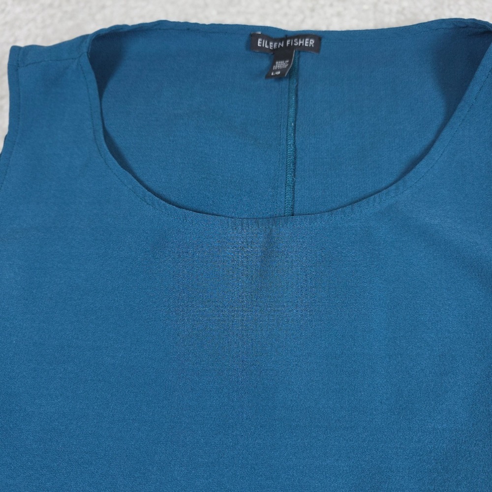 Eileen Fisher‎ Womens L Blue Sleeveless Tank Top Blouse 100% Silk Crepe